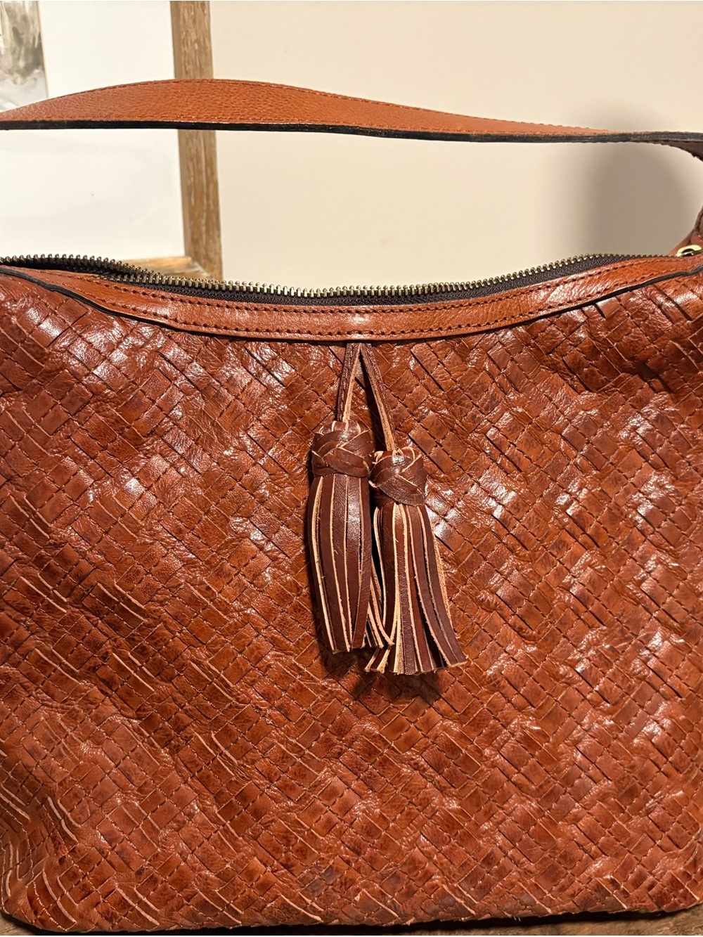 Patricia Nash Woven Leather Tassel Shoulder Bag - Brown